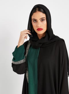 Bousni Front Open Wide Sleeves Abaya Black/Green  - Image 4