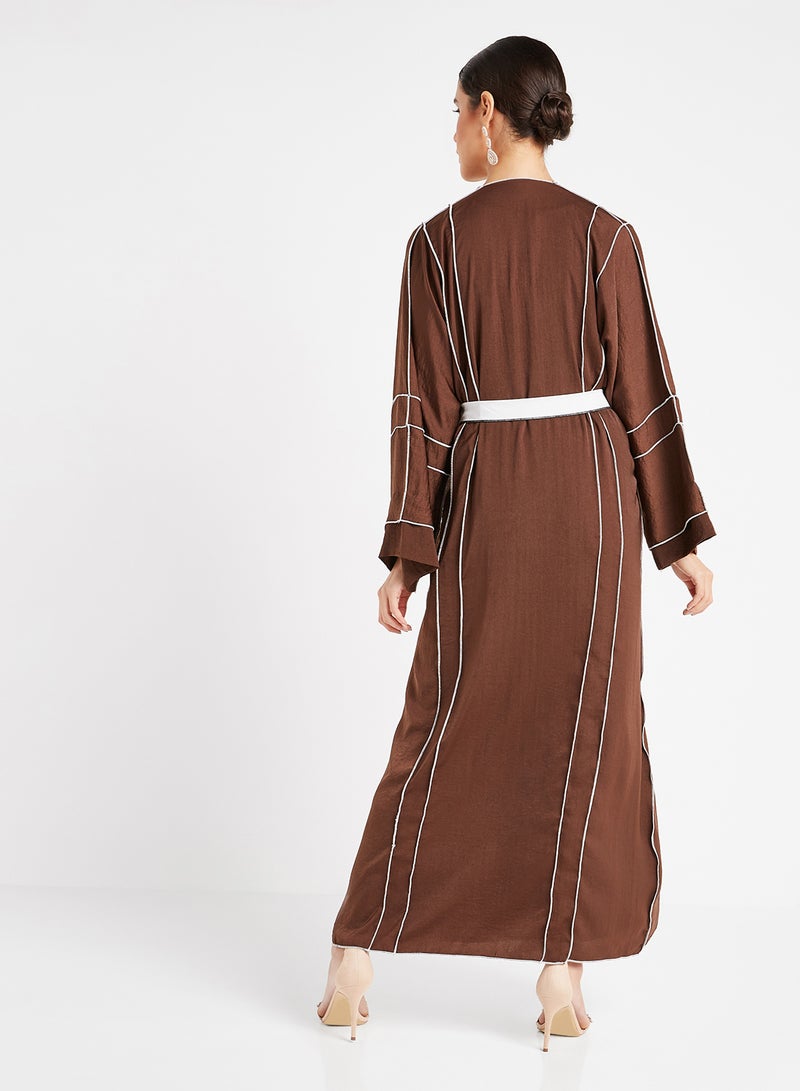 ROZA Inner Top With Piping Detailed Abaya Brown - Image 3