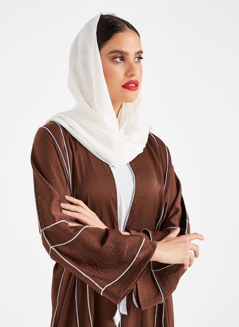 ROZA Inner Top With Piping Detailed Abaya Brown - Image 4
