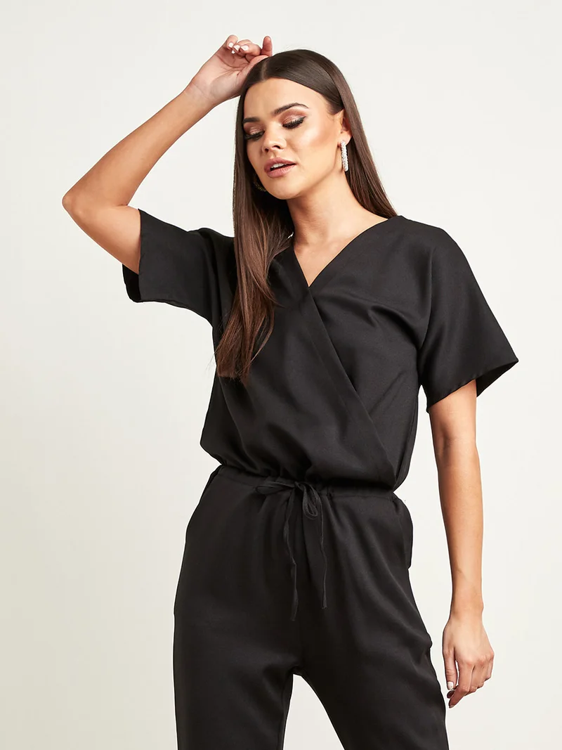 Closet By Styli Plain V-Neck Tapered Jumpsuit Black