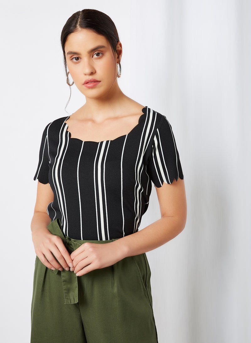 CODE BY LIFESTYLE - Scalloped Neck Striped Top Black - Image 1