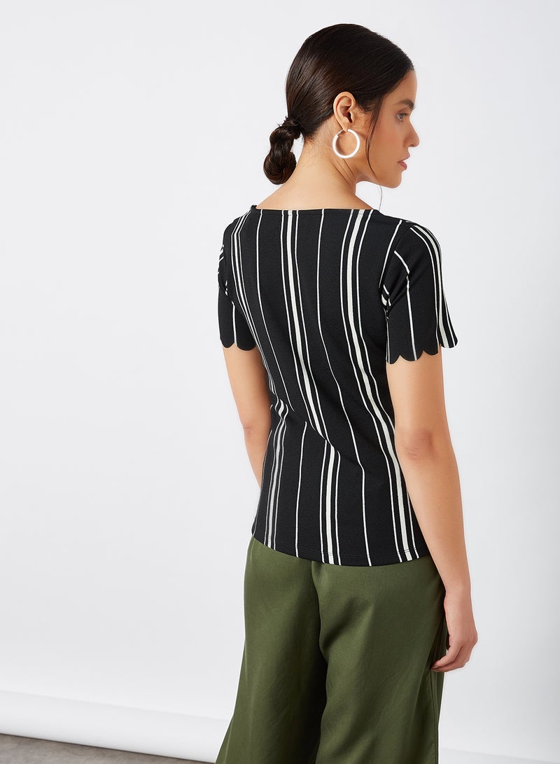 CODE BY LIFESTYLE - Scalloped Neck Striped Top Black - Image 1