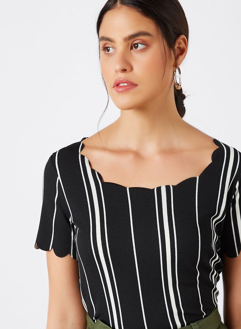 CODE BY LIFESTYLE - Scalloped Neck Striped Top Black - Image 1