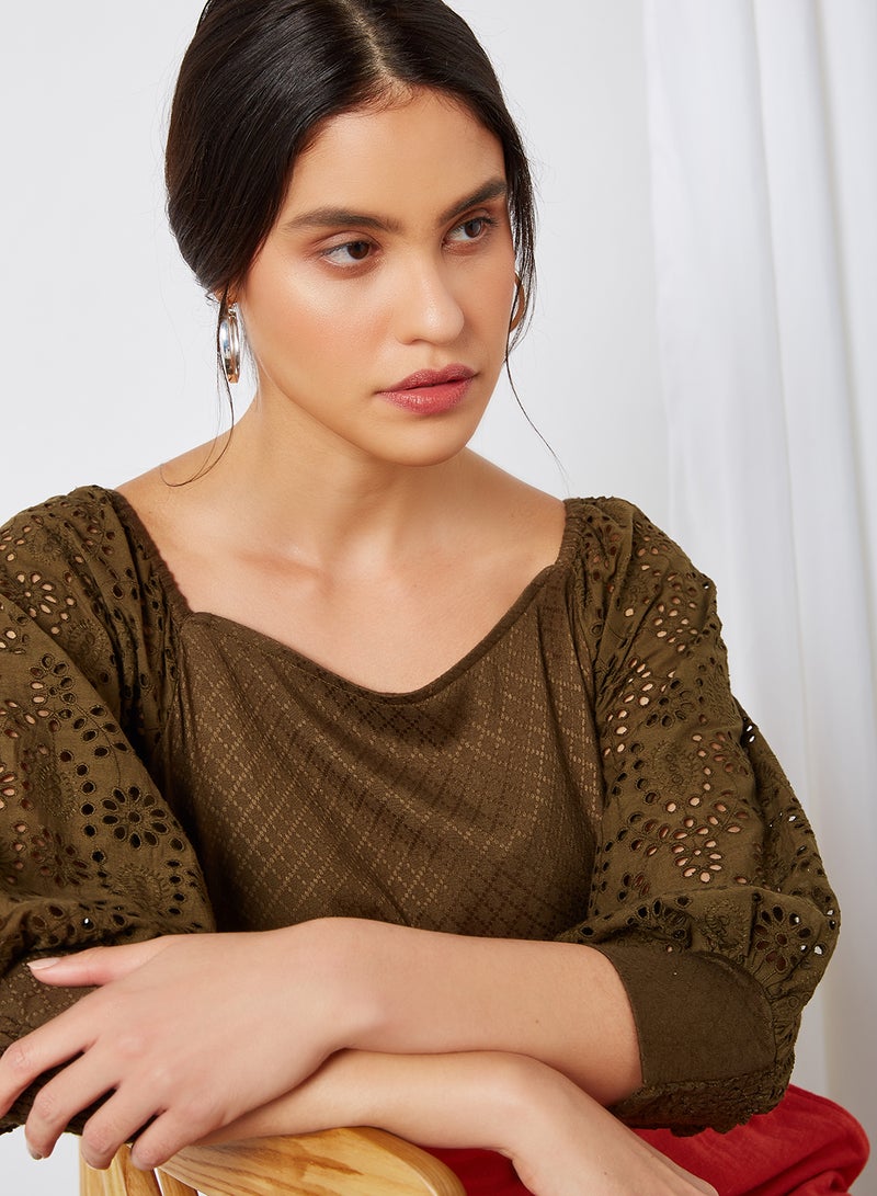 CODE BY LIFESTYLE Balloon Sleeve Textured Top Olive  - Image 3