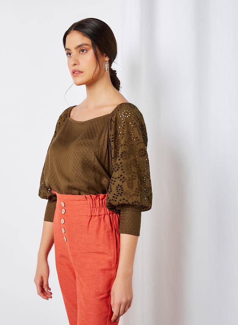 CODE BY LIFESTYLE Balloon Sleeve Textured Top Olive  - Image 1