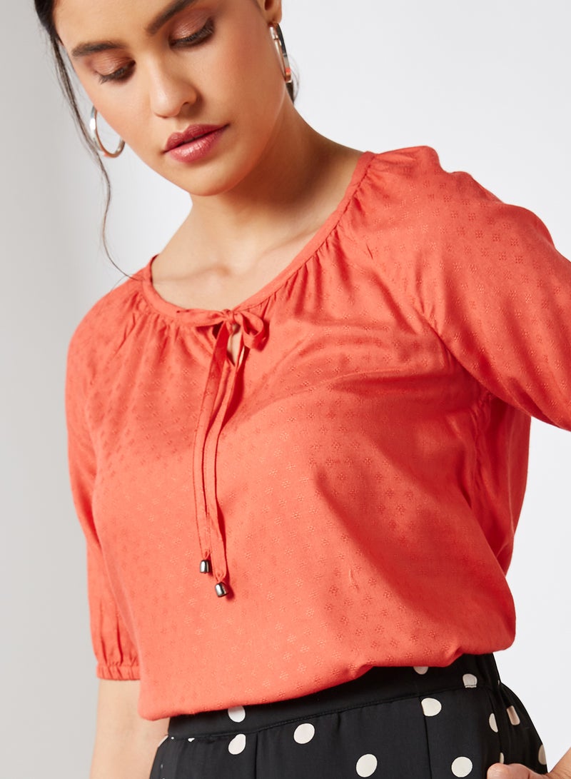 FAME FOREVER Tie-Up Neck Dobby Top Coral  - Image 4