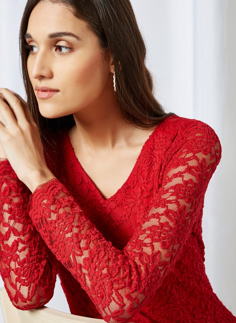 GINGER BY LIFESTYLE - Lace V-Neck Dress Red - Image 1