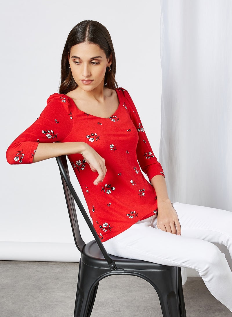 CODE BY LIFESTYLE Floral Print Puff Sleeve Top Red  - Image 1