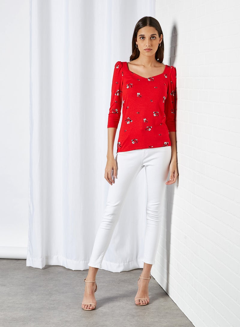 CODE BY LIFESTYLE Floral Print Puff Sleeve Top Red  - Image 3