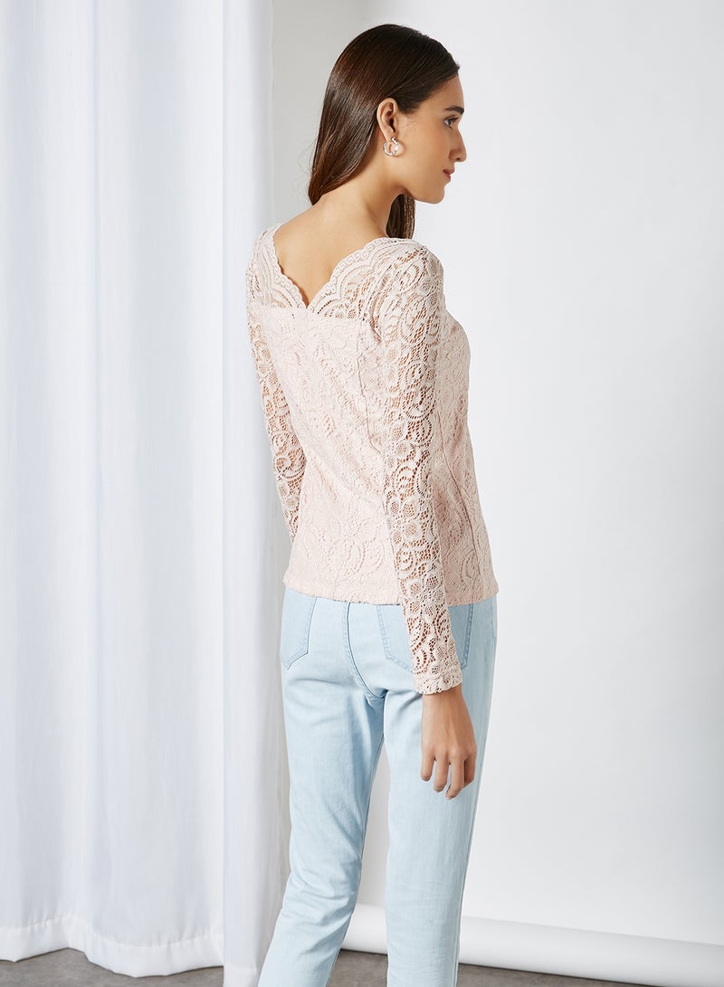 CODE BY LIFESTYLE - Scalloped Full Sleeve Lace Top Pink - Image 1