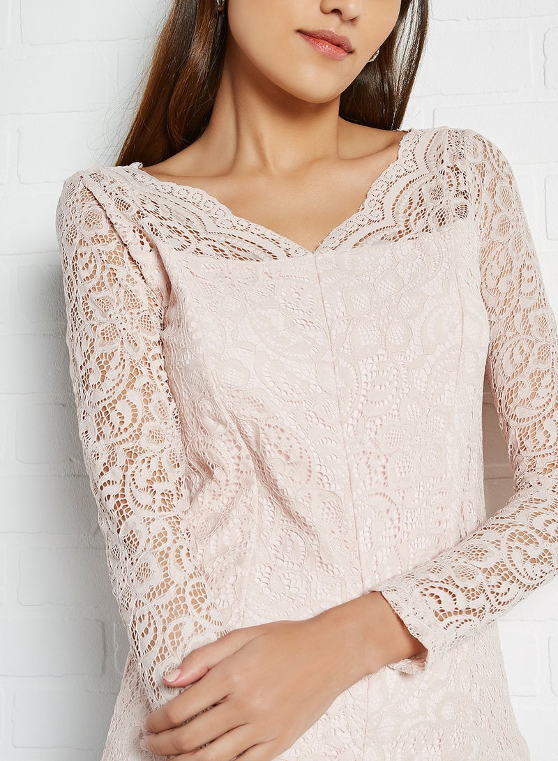 CODE BY LIFESTYLE - Scalloped Full Sleeve Lace Top Pink - Image 1