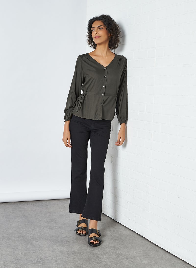FAME FOREVER V-Neck Button Down Top Olive - Image 2