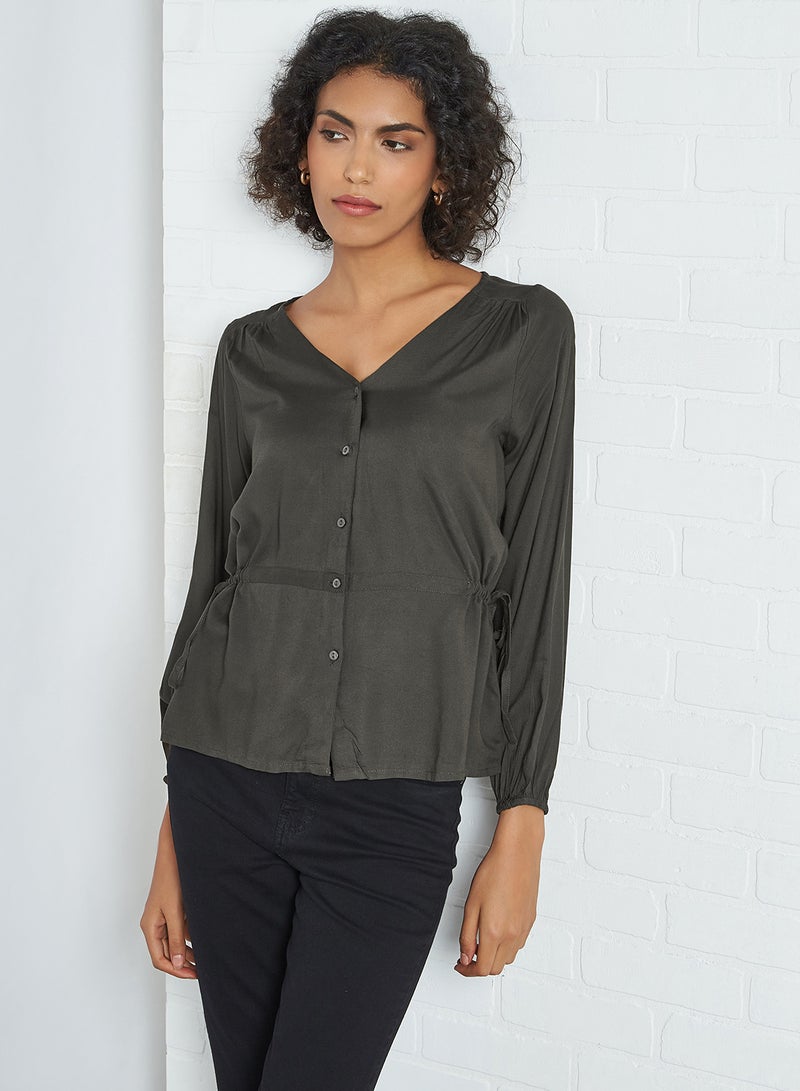 FAME FOREVER V-Neck Button Down Top Olive - Image 1