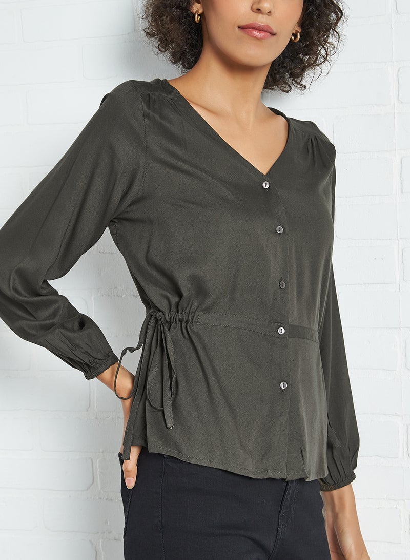 FAME FOREVER V-Neck Button Down Top Olive - Image 3