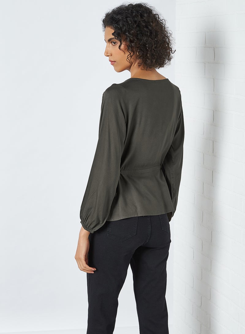 FAME FOREVER V-Neck Button Down Top Olive - Image 4
