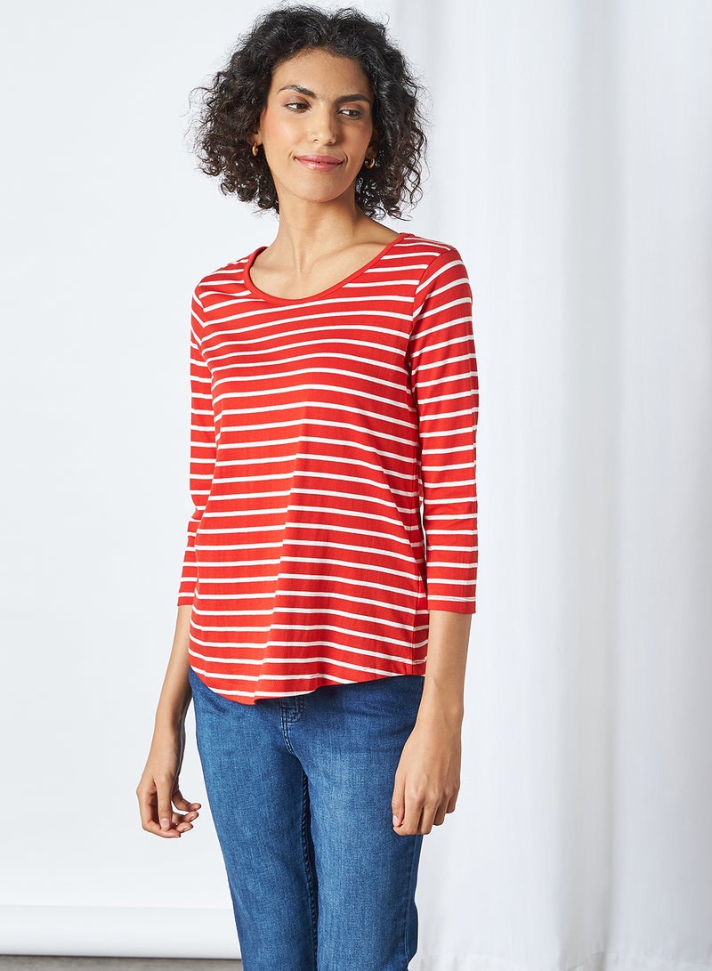 FAME FOREVER Striped Curved Hem T-Shirt Red  - Image 1
