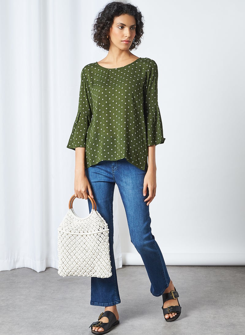 FAME FOREVER Printed Bell Sleeve Top Olive  - Image 2