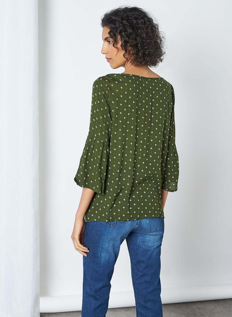 FAME FOREVER Printed Bell Sleeve Top Olive  - Image 4
