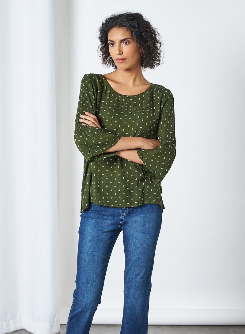 FAME FOREVER Printed Bell Sleeve Top Olive  - Image 1