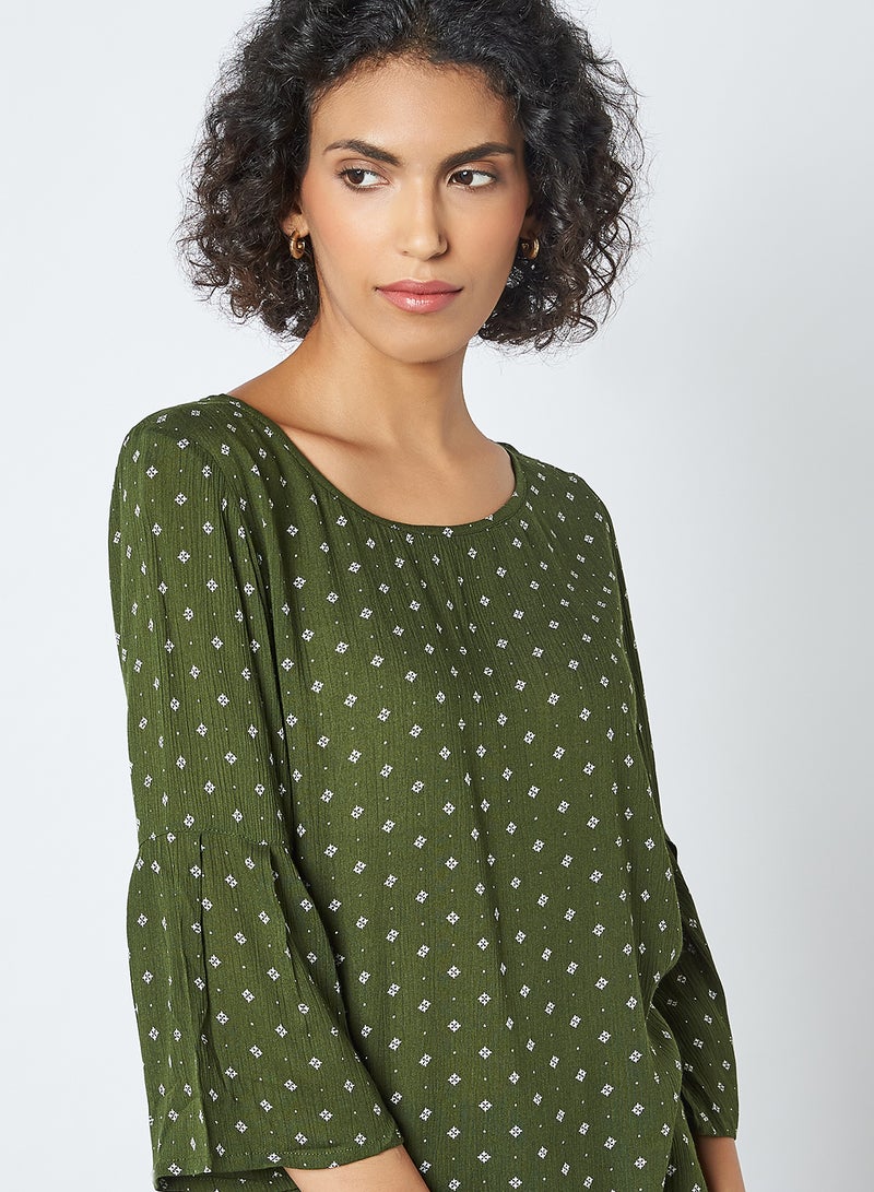 Printed Bell Sleeve Top Olive - v1603520103/N40490914V_3