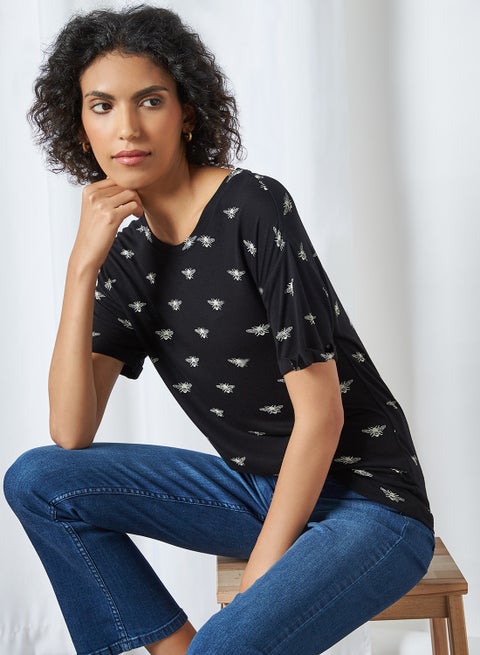 All Over Bee Print Top Black
