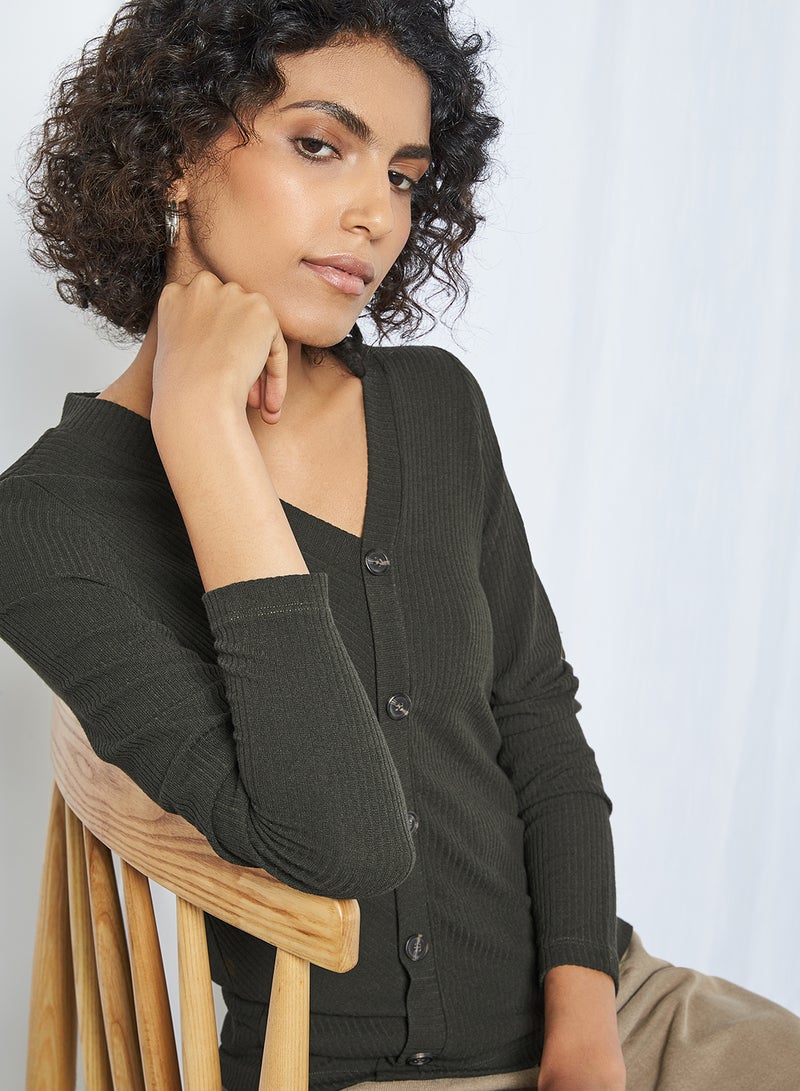 CODE BY LIFESTYLE Ribbed Button Down Top Olive  - Image 3