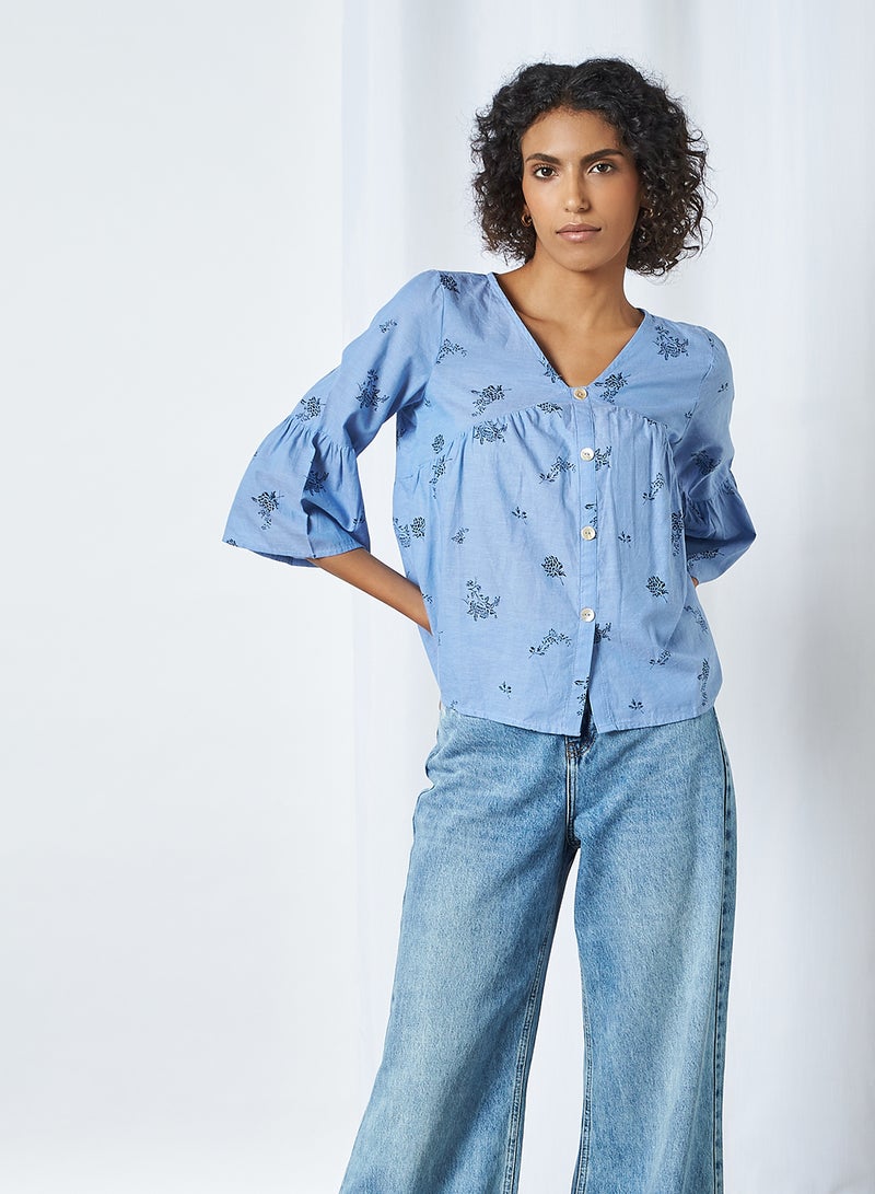 FAME FOREVER Printed V-Neck Top Blue  - Image 1