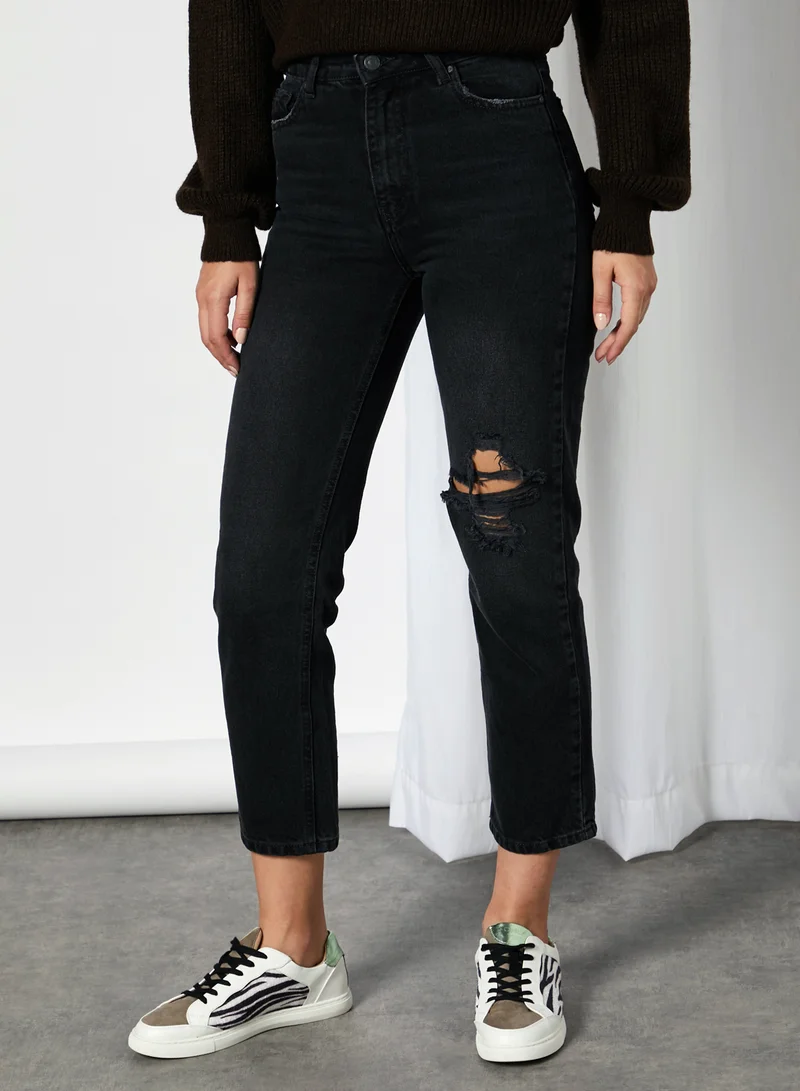 trendyol Ripped Straight Jeans Black