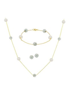 4-Piece 18 Karat Gold Crystal Ball And Pearl Studded Necklace Jewellery Set