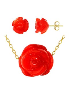 3-Piece 18 Karat Gold Coral Rose Carved Necklace And Earrings Set