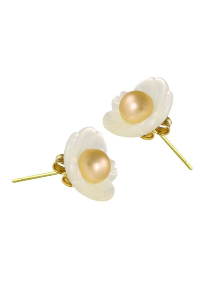 Vera Perla - 18 Karat Gold Flower Design Pearl Earrings - Image 1