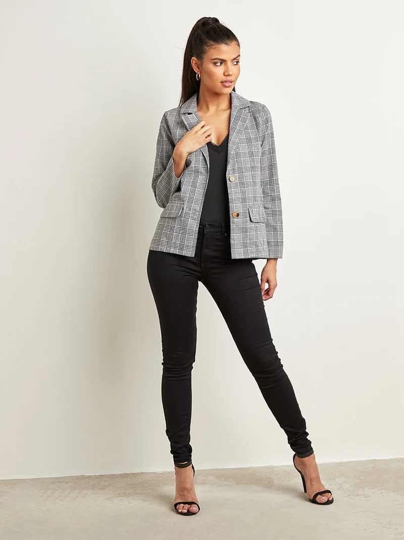Closet By Styli Checked Longline Belted Blazer Grey