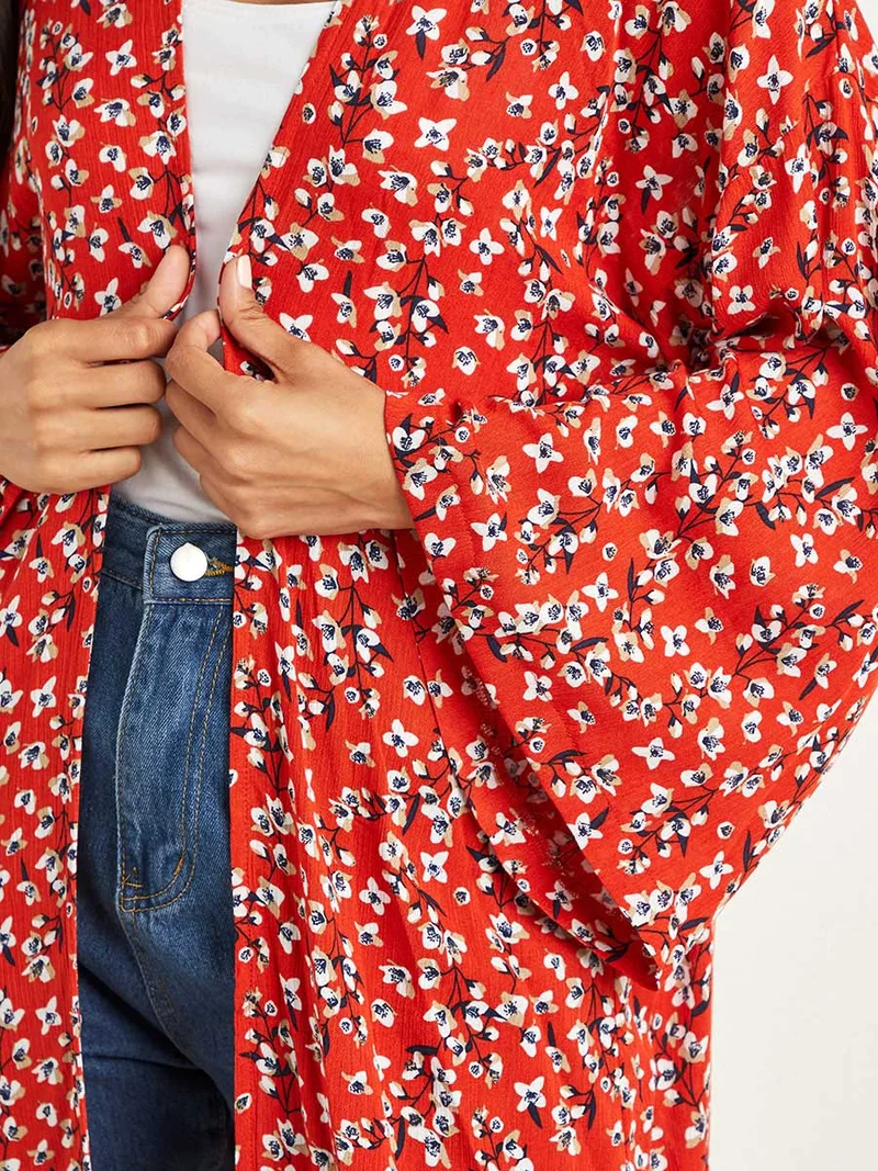 Closet By Styli Floral Ditsy Printed Long Sleeve Midi Kimono Rust