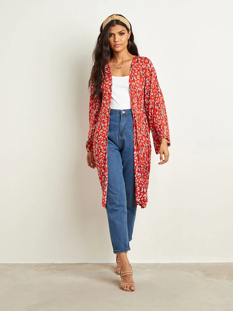 Closet By Styli Floral Ditsy Printed Long Sleeve Midi Kimono Rust