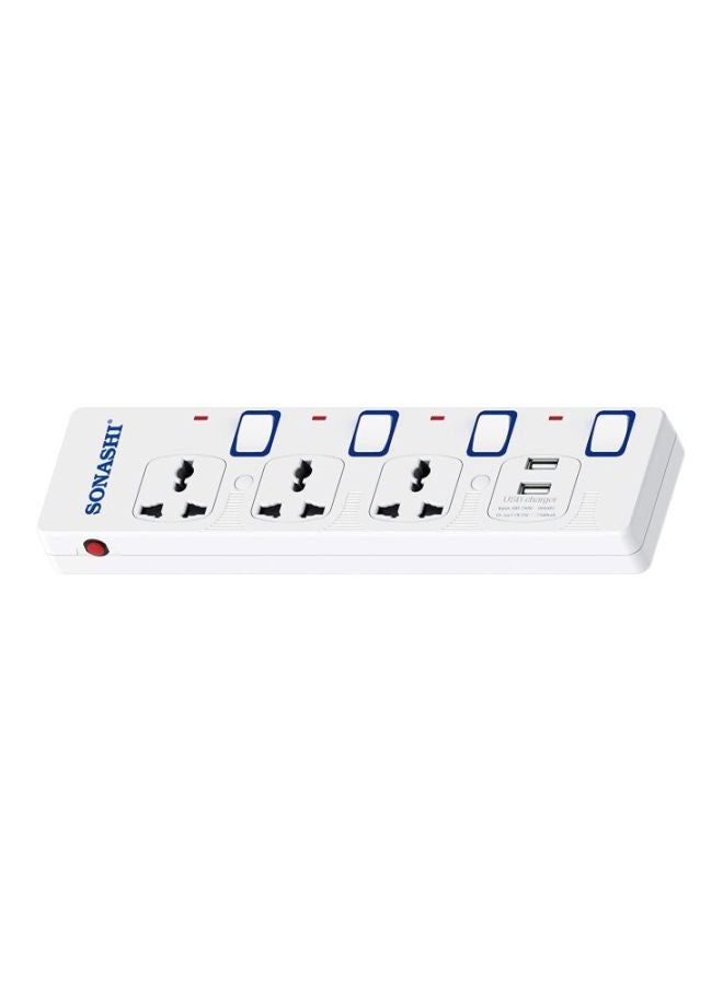 SONASHI - 3Way Extension Socket with USB Port  Long 3M Copper AC Cord with Independent Switch Light and Safety Shutter  Ideal For All Electronic Devices SES-904U White/Blue/Red - Image 1