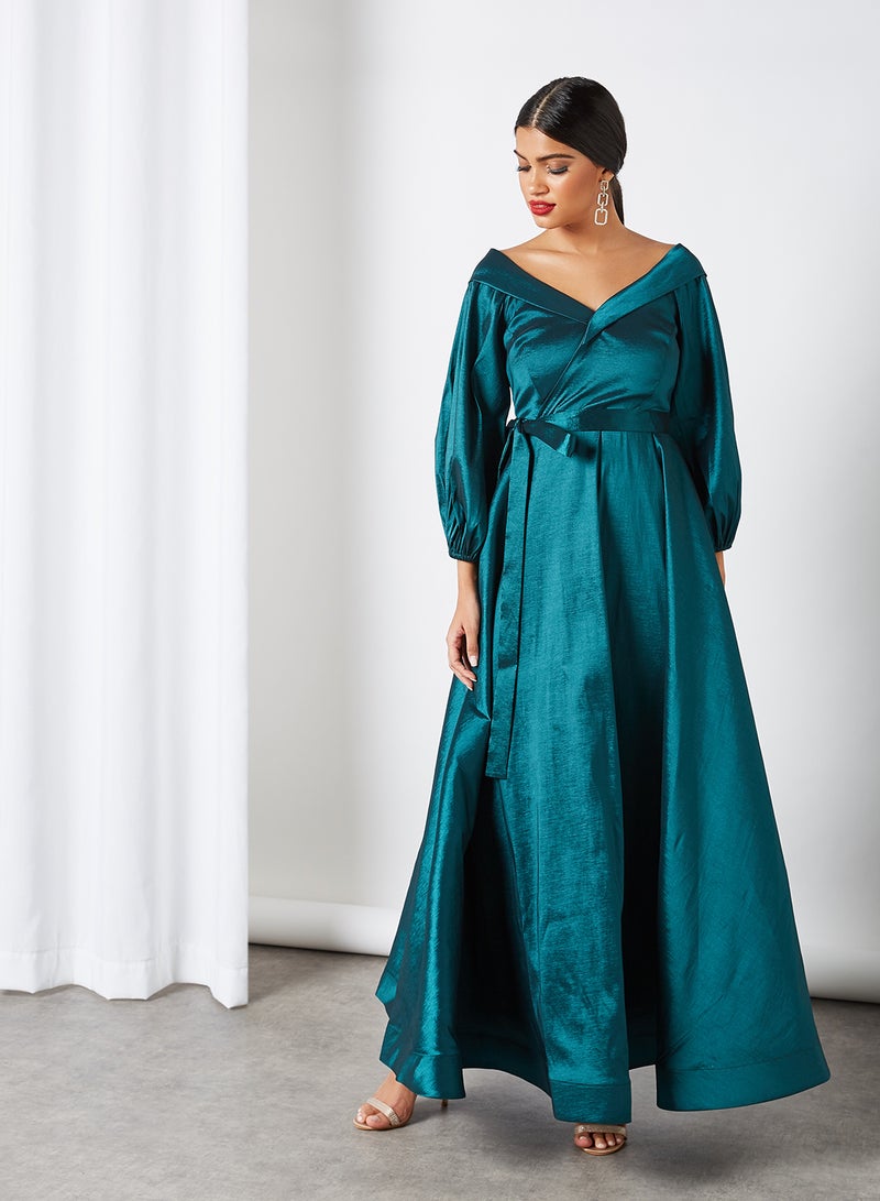 House of Moda Wrap Over Shawl Collared Dress Green - Image 1