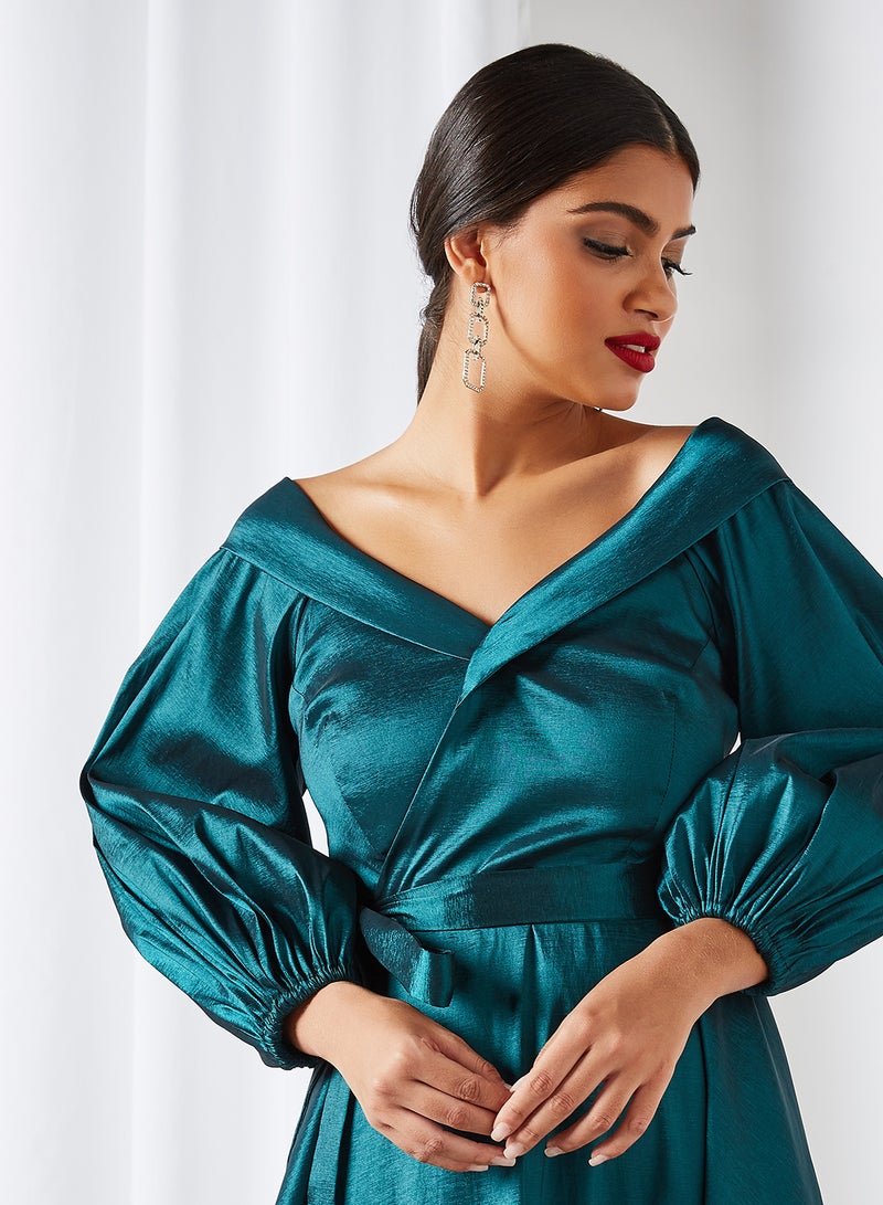 House of Moda Wrap Over Shawl Collared Dress Green - Image 4