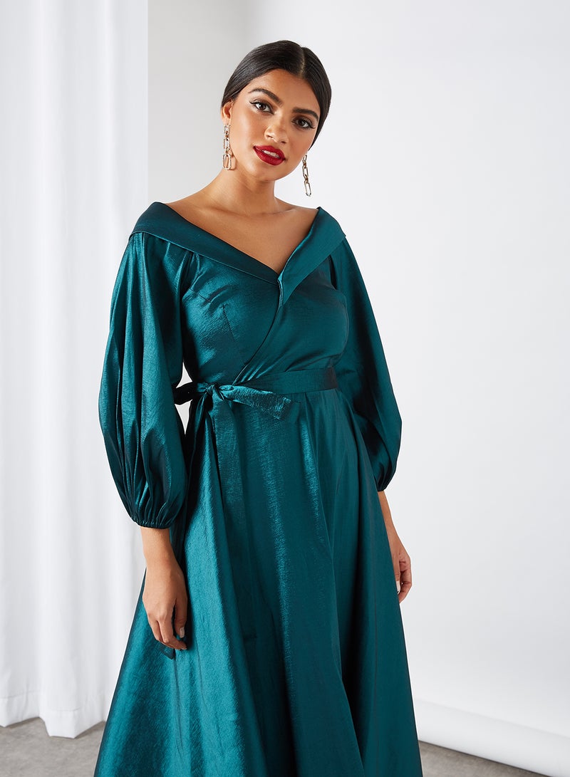 House of Moda Wrap Over Shawl Collared Dress Green - Image 3