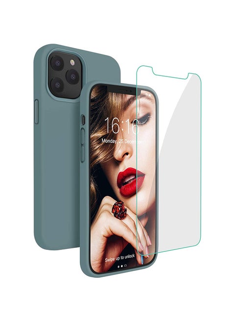 Silicone Shockproof Phone Case With Tempered Screen Protector For iPhone 12 Pro Max Green