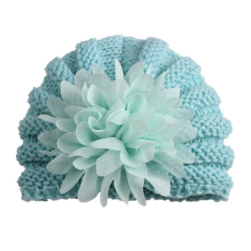babyqlo - Infant Woolen Turban with Flower Blue - Image 1