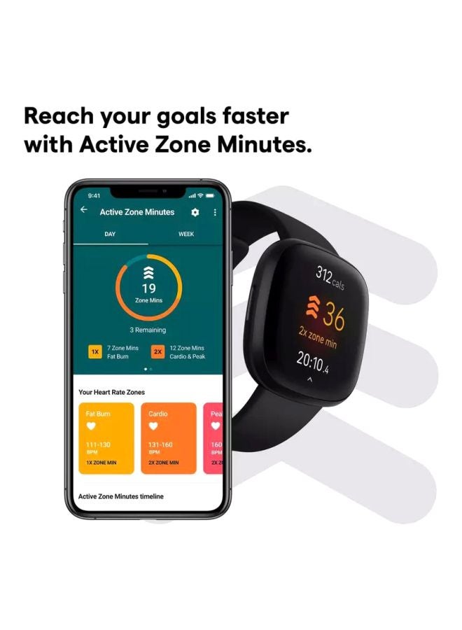 Fitbit - Versa 3 Health & Fitness Smartwatch with 6-months Premium Membership Included Built-in GPS Daily Readiness Score and Up To 6+ Days Battery Black/Black Aluminium - Image 1