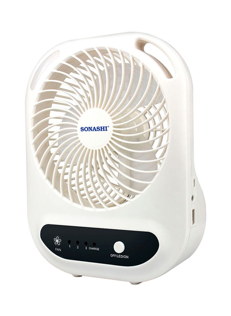 SONASHI - 6 Inch Rechargeable Mini Fan With Led Light - 3 Speeds High/Medium/Low | Solar Charge & Power Bank Functions | Continuous Working Of 3 Hours(High), 6 Hours(Mid) & 14 Hours(Low) SRF-607NB Black/White - Image 1