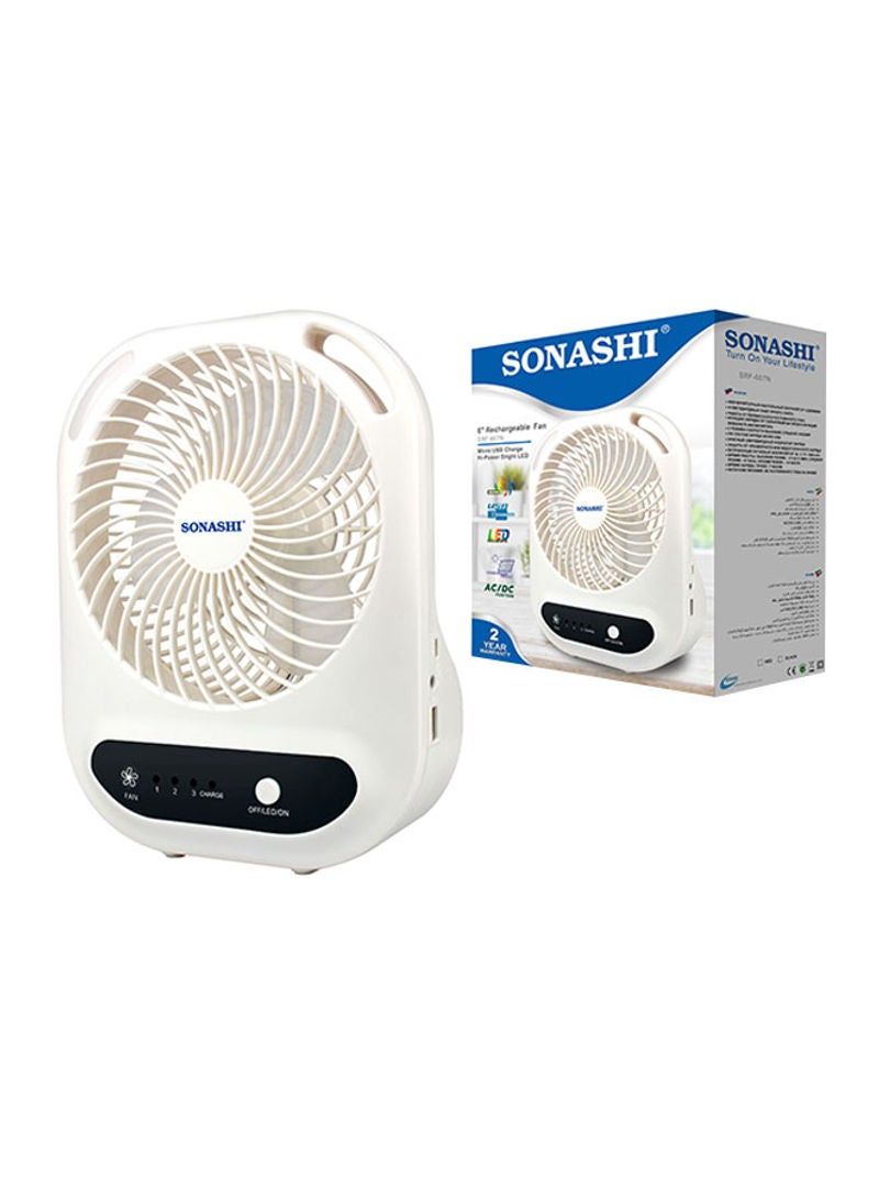 SONASHI - 6 Inch Rechargeable Mini Fan With Led Light - 3 Speeds High/Medium/Low | Solar Charge & Power Bank Functions | Continuous Working Of 3 Hours(High), 6 Hours(Mid) & 14 Hours(Low) SRF-607NB Black/White - Image 1