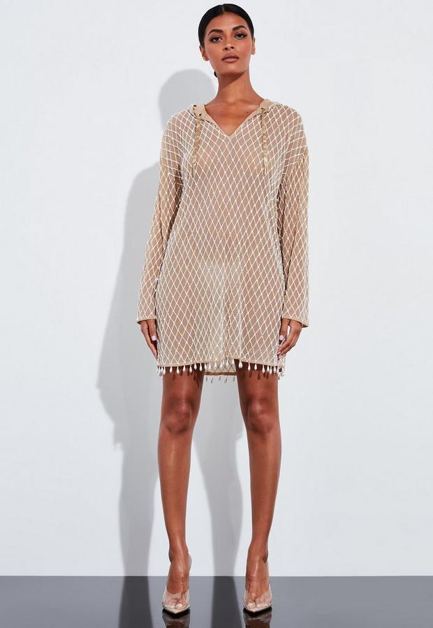 Missguided Pearl Embellished Hooded Dress White  - Image 1