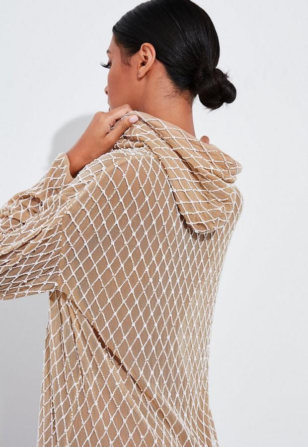 Missguided Pearl Embellished Hooded Dress White  - Image 4