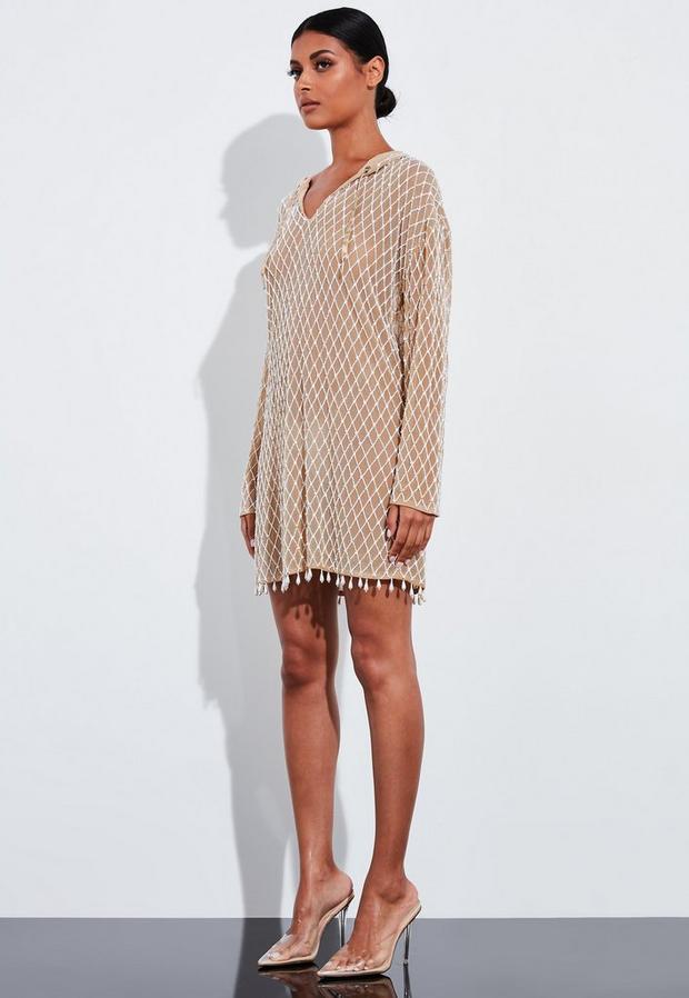 Missguided Pearl Embellished Hooded Dress White  - Image 3