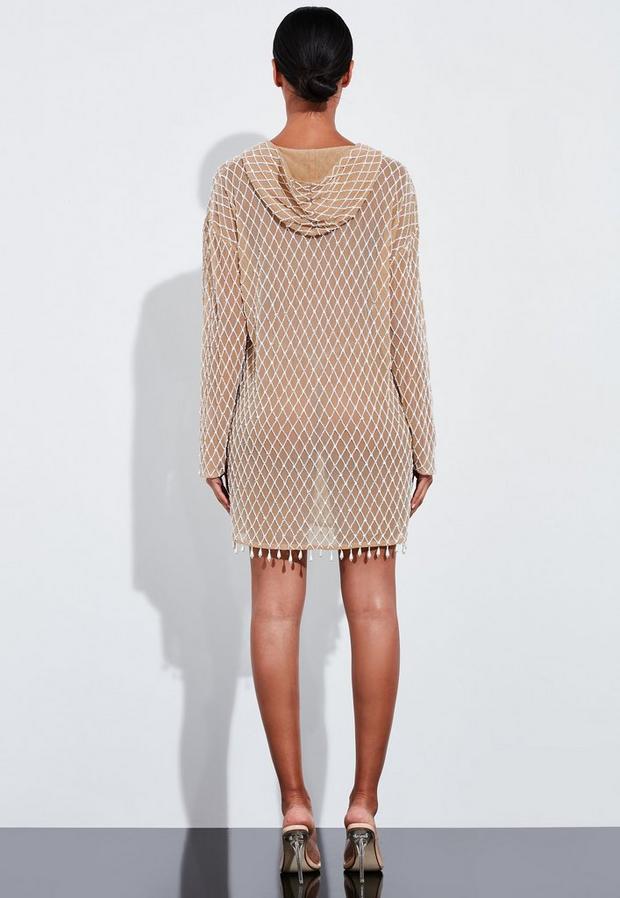 Missguided Pearl Embellished Hooded Dress White  - Image 2