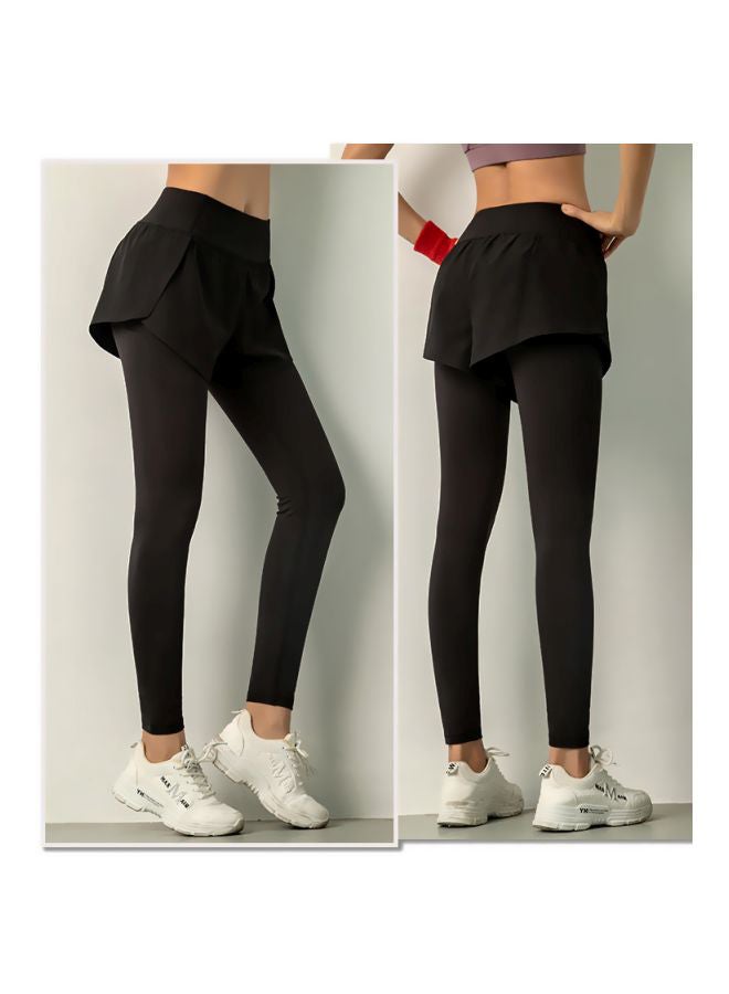QiaoKai - Solid 2-In-1 Leggings Black - Image 1