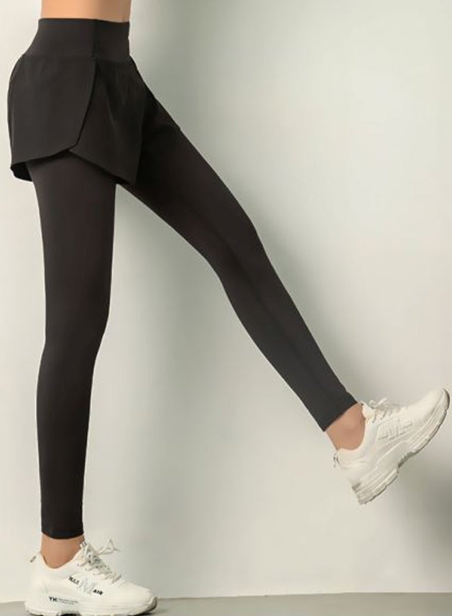 QiaoKai - Solid 2-In-1 Leggings Black - Image 1