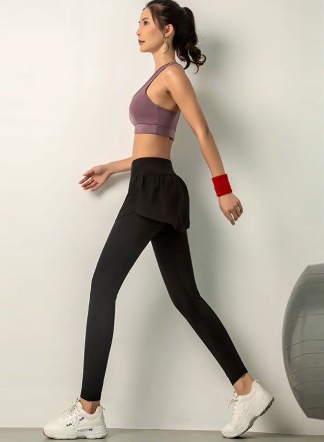 QiaoKai - Solid 2-In-1 Leggings Black - Image 1